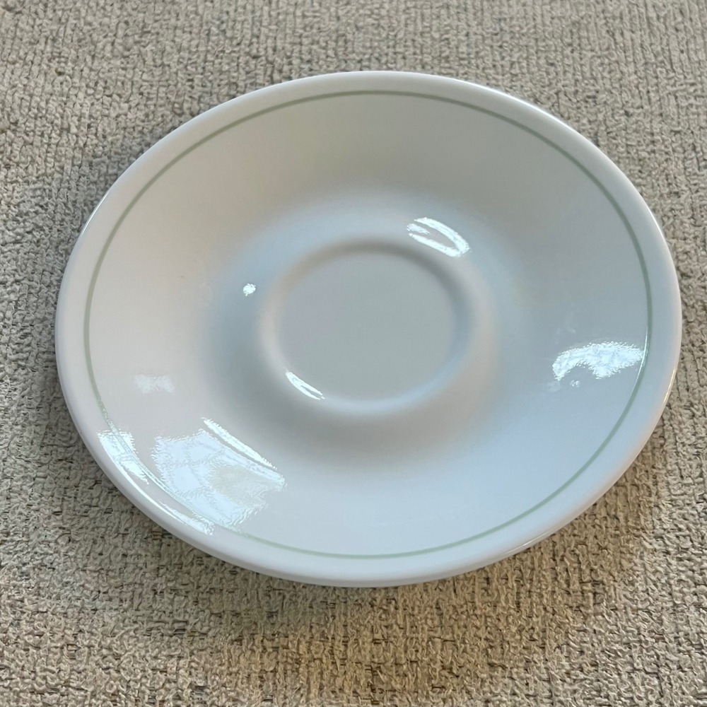 Corelle by Corning Saucer White with Green Rim Band Vitrelle Glass 6.25 inch